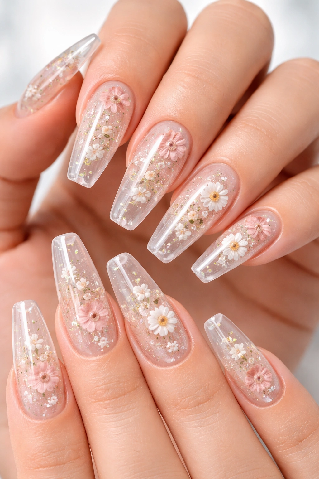 Clear jelly coffin nails with tiny pressed flowers encapsulated under gel
