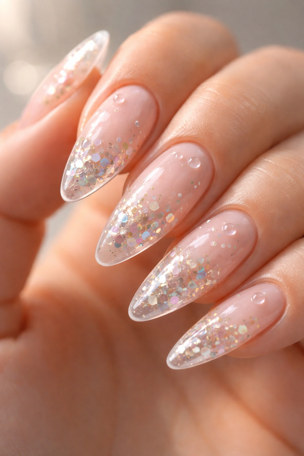 Close-up of Clear Tips With Floating Confetti showing embedded confetti on almond nails