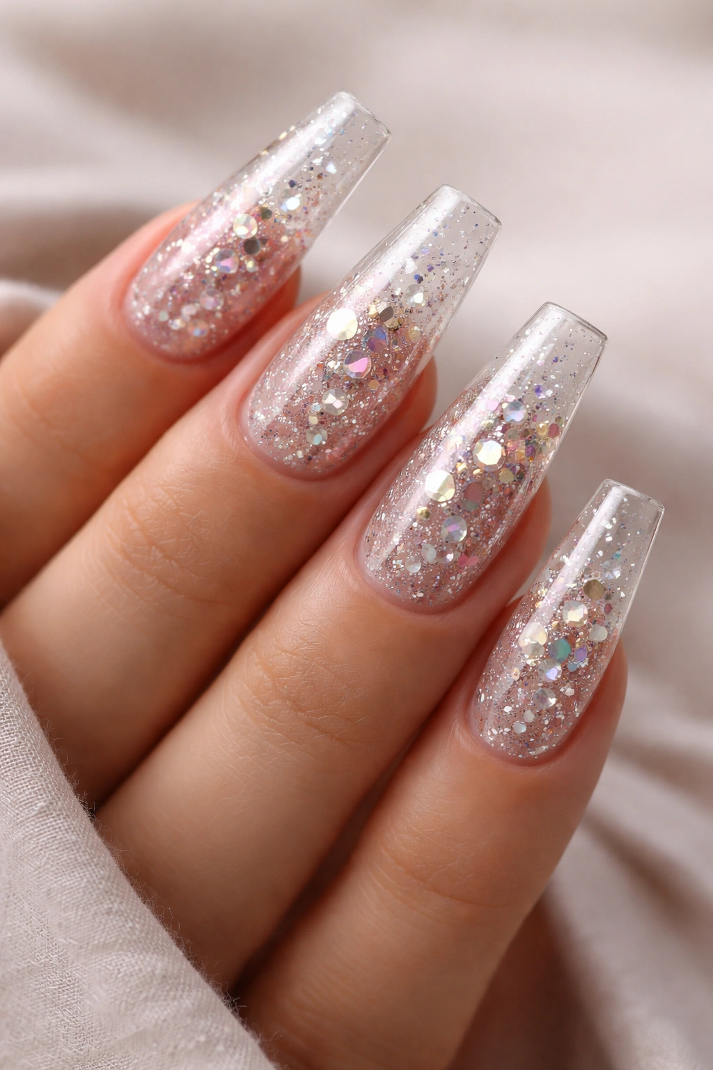 Clear coffin nails with encapsulated glitter and floating stones