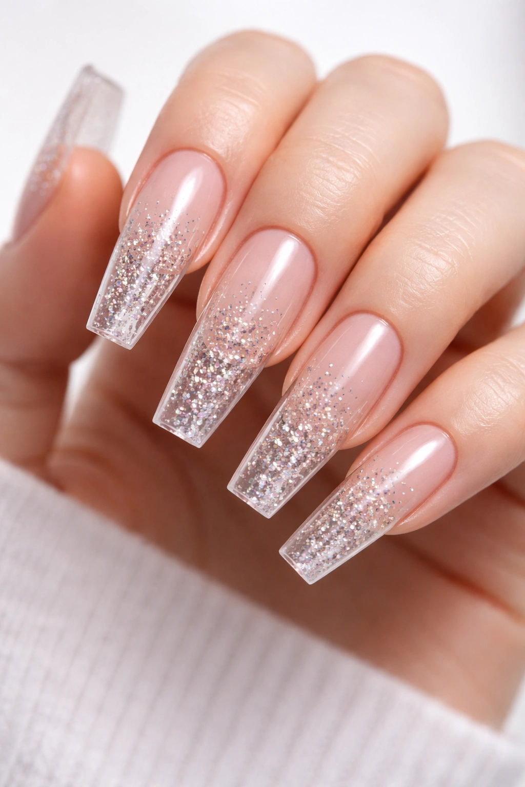 Clear coffin nails with suspended fine glitter for a glass-like look