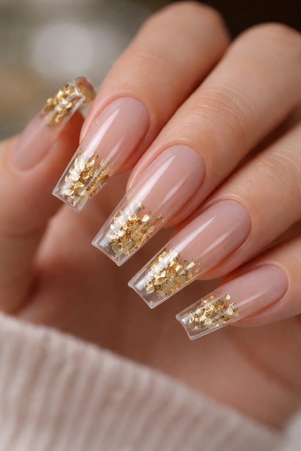 Clear coffin nails with floating gold leaf tips