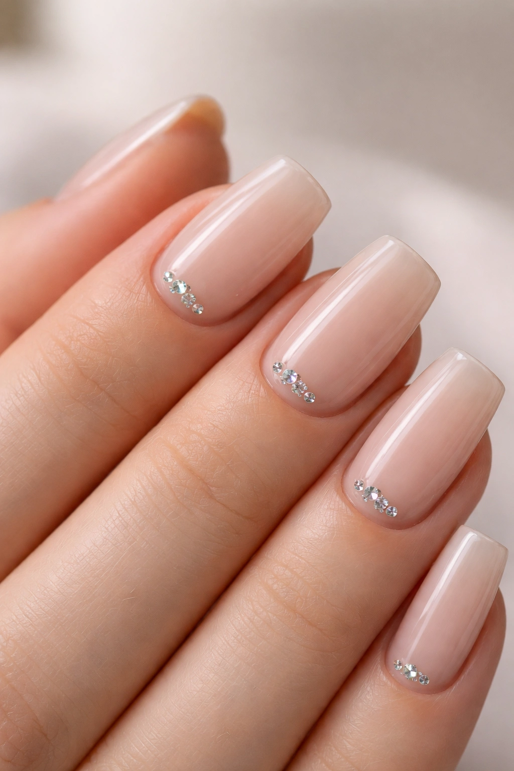 Close-up of clear nude coffin nails with tiny crystal accents at the cuticle