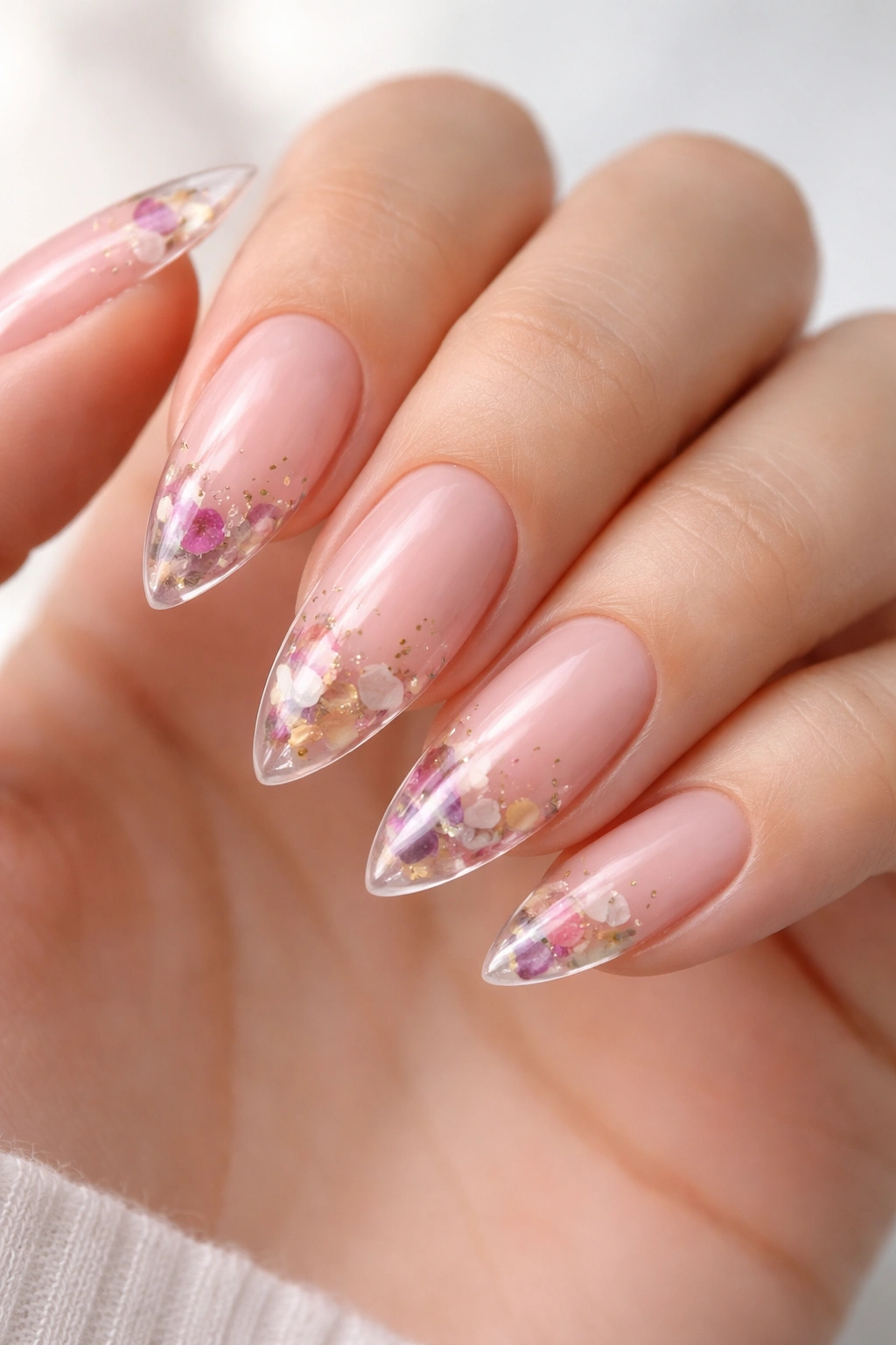 Almond nails with clear tips and floating pressed petals