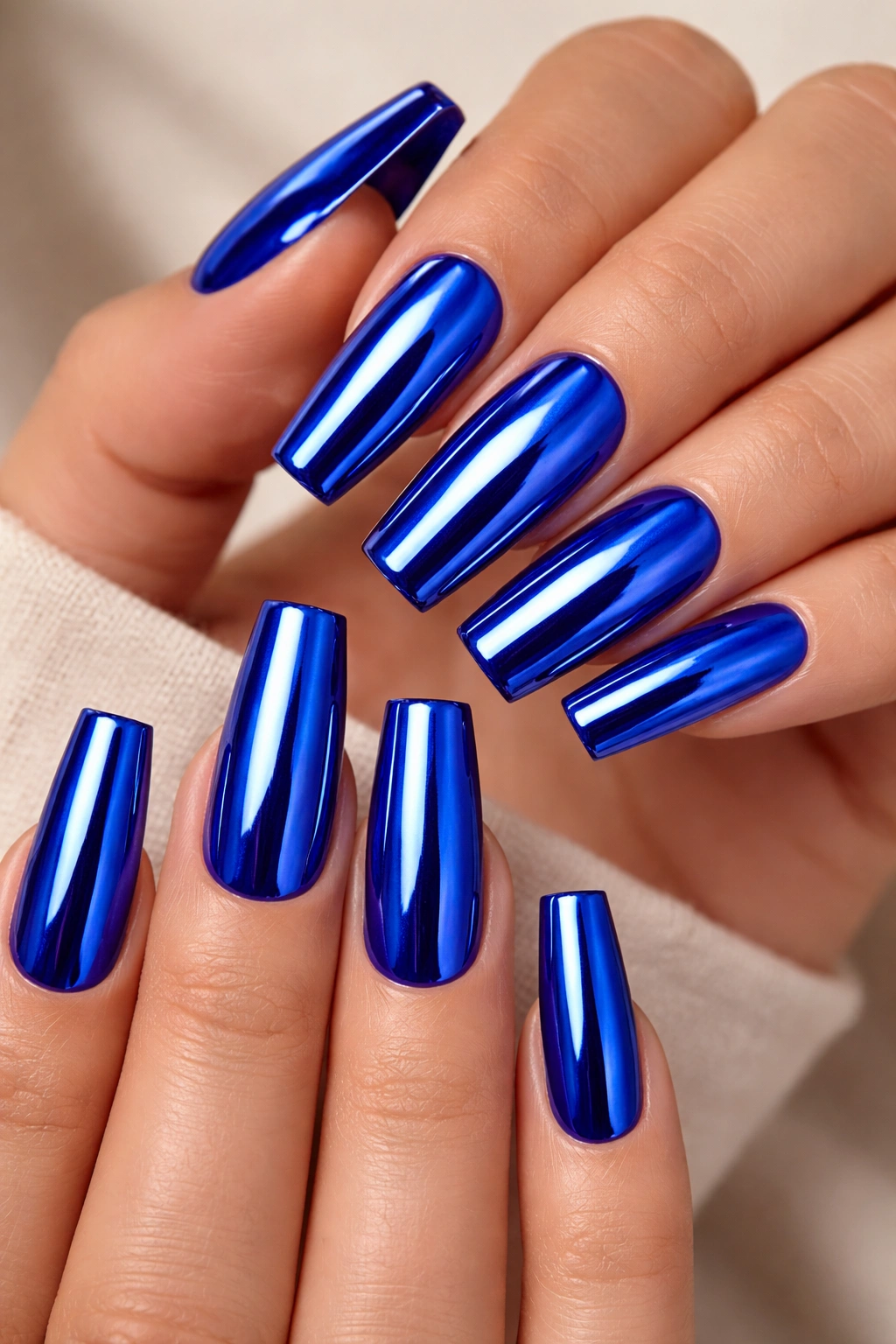 Cobalt blue chrome coffin nails with reflective metallic finish