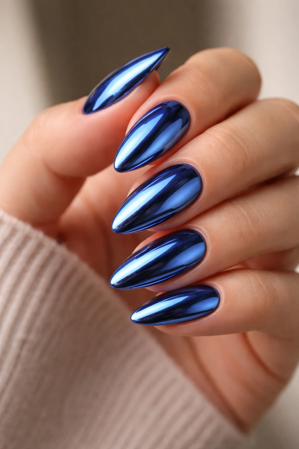 Cobalt chrome almond nails close-up with reflective surface