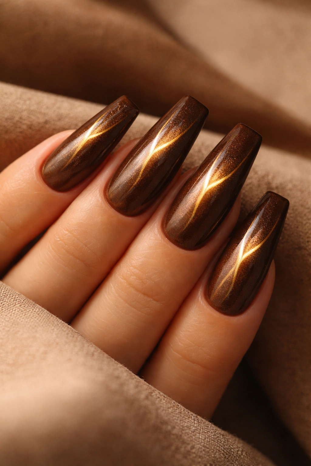 Close-up of cocoa brown cat eye nails with a gold vein.