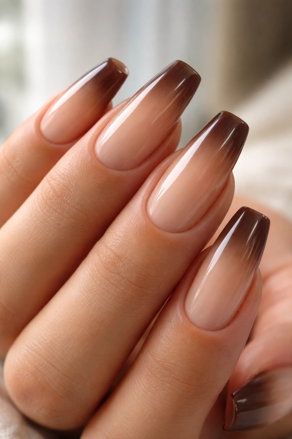 Nails with cocoa fade tips on beige base