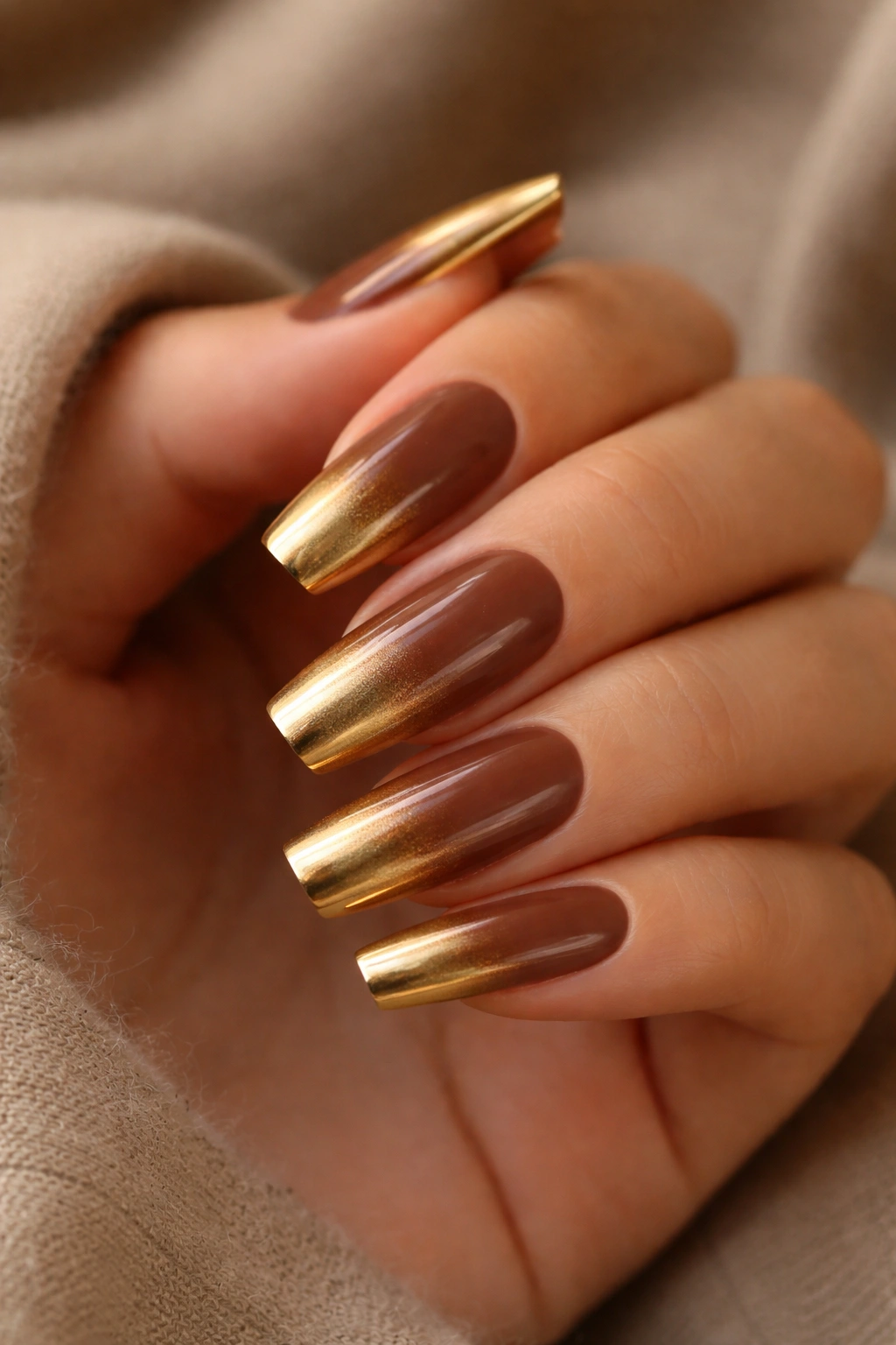 Close-up cocoa to gold chrome ombre coffin nails with metallic tip
