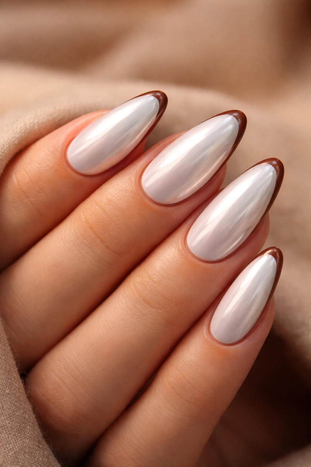 White chrome nails with cocoa outline tips