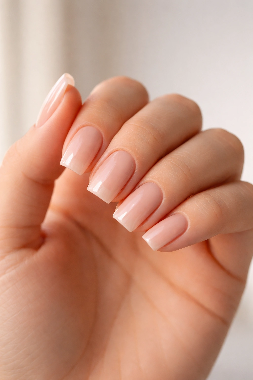 Close-up of short coffin nails 2-4 mm beyond fingertip in sheer polish on hand