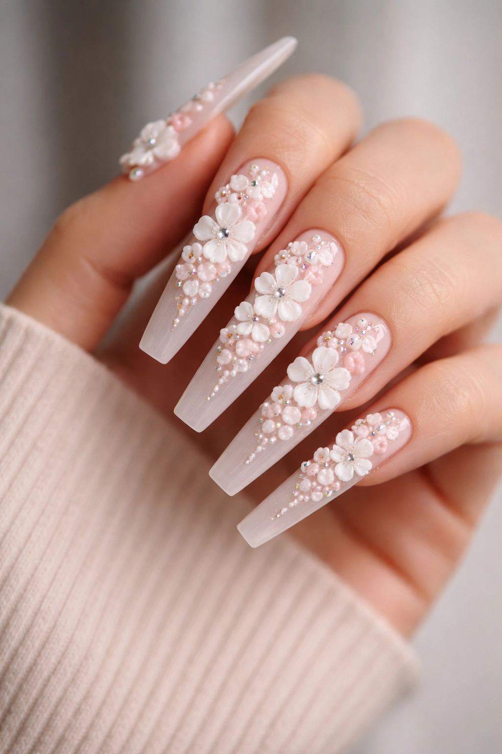 Close-up of extra-long coffin nails with cascading 3D flower clusters on a hand.