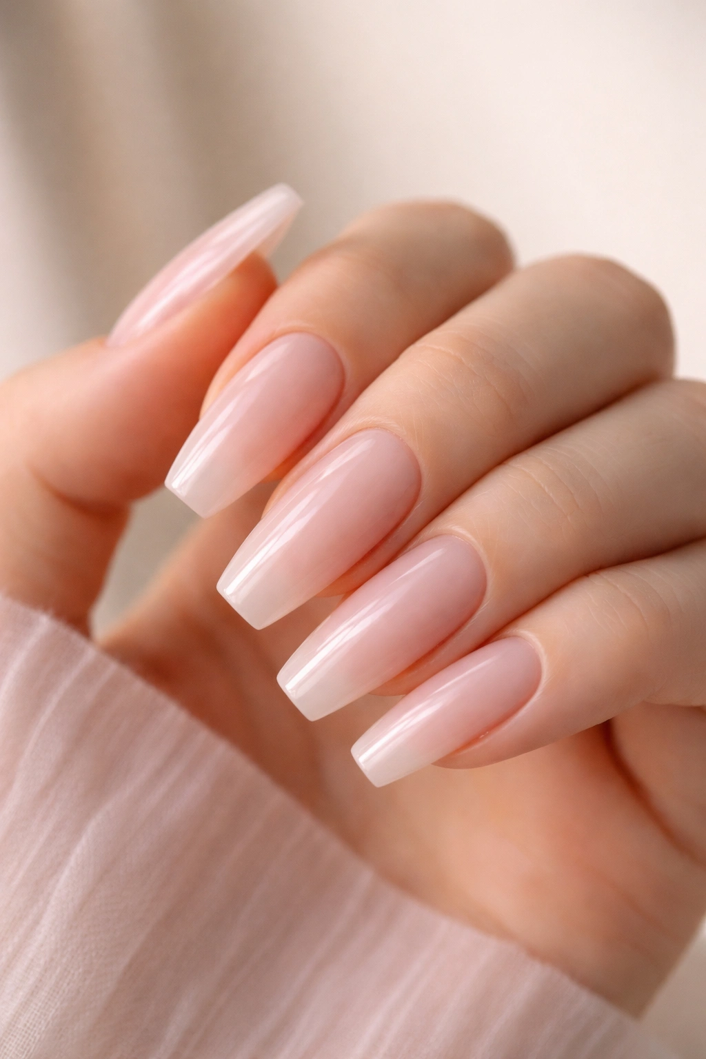 Close-up of coffin-shaped nails with soft tapered edges and a polished translucent finish