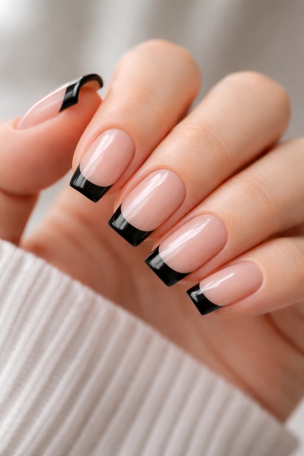 Close-up of short baby coffin nails with straight black tips on beige-pink base