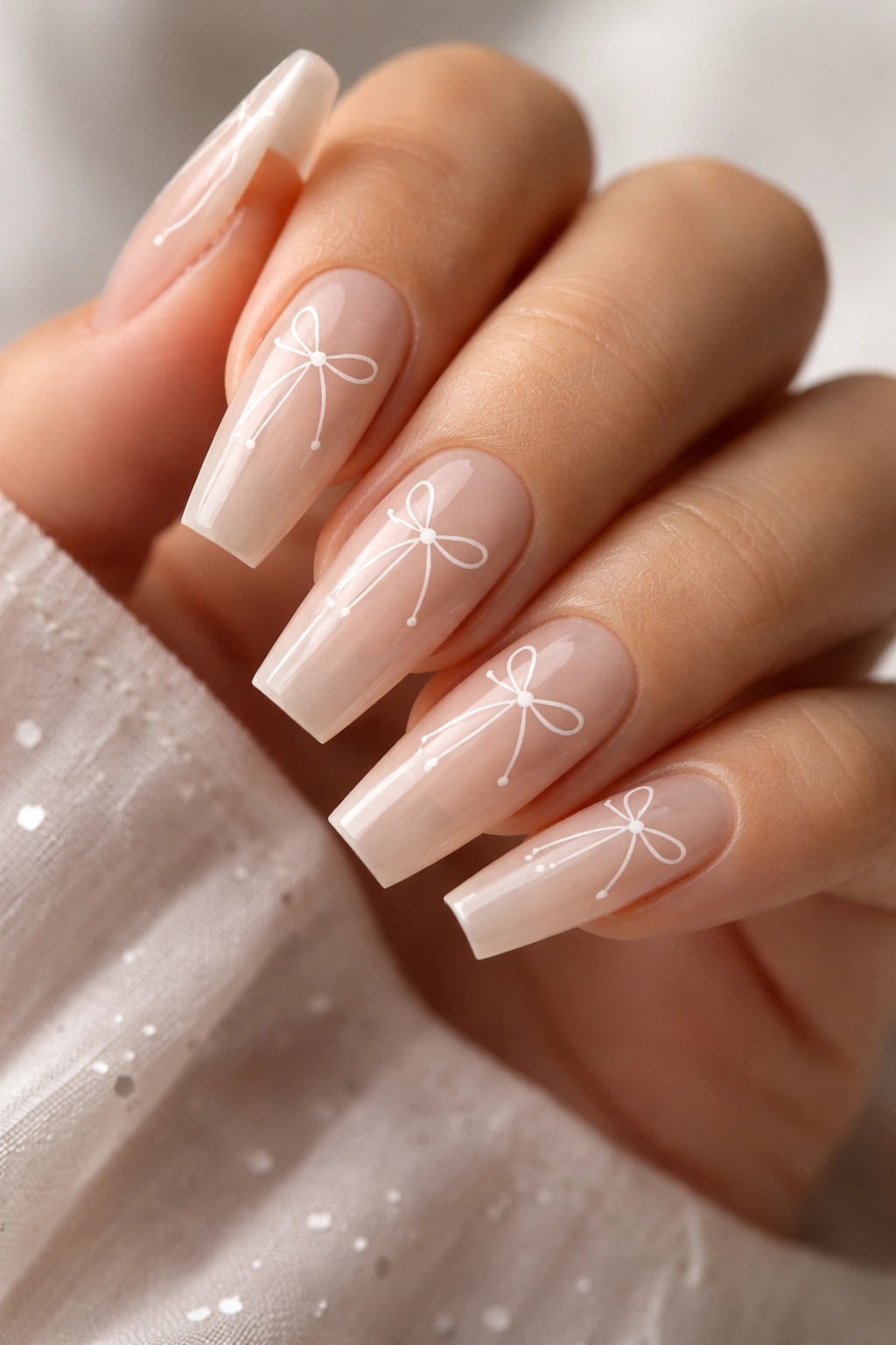 Close-up of sheer nude coffin nails with micro bow linework on a neutral background