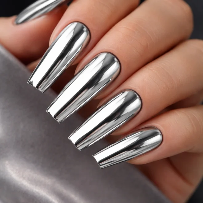 12 Silver Chrome Coffin Nails That Shine