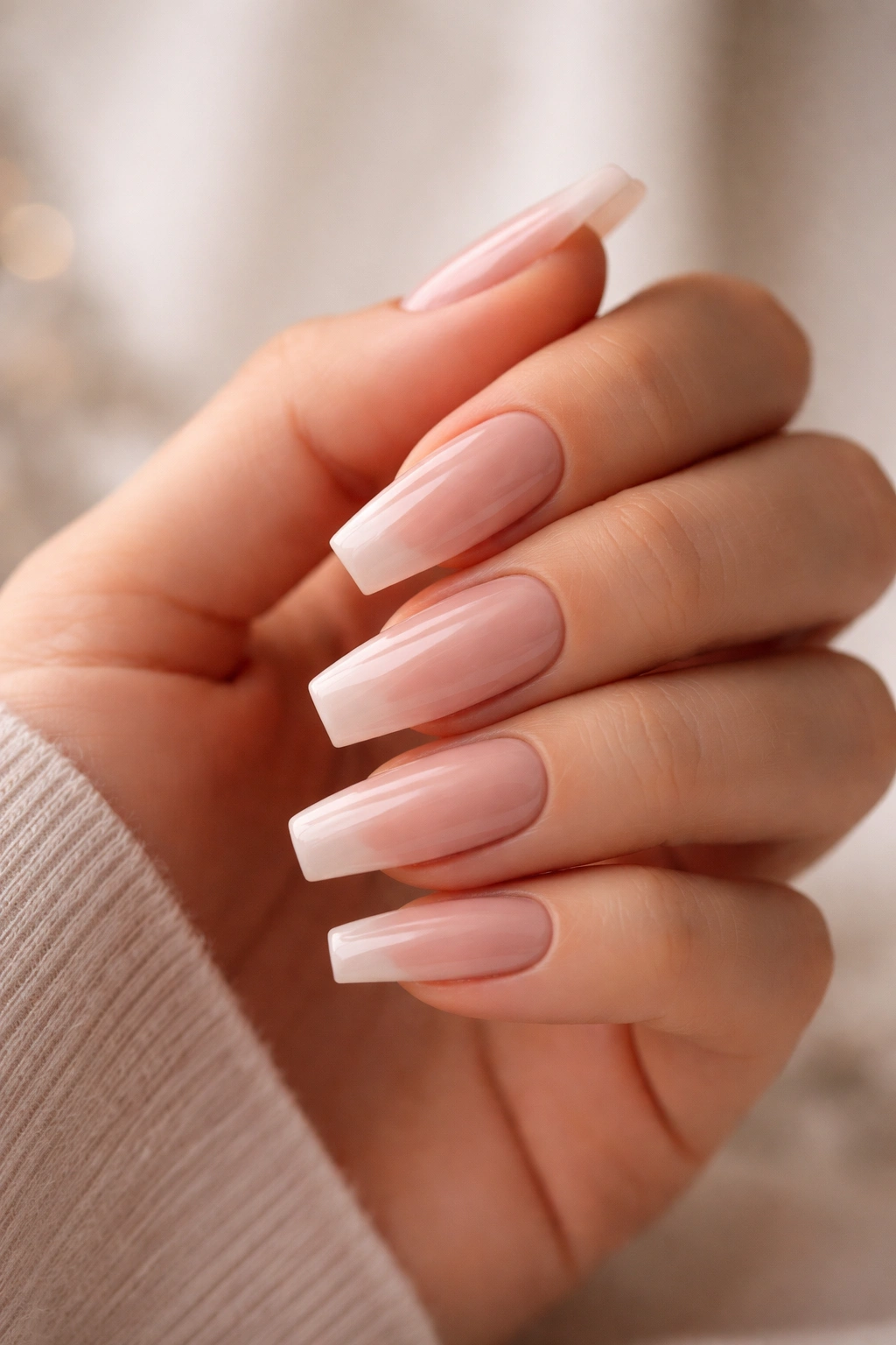 Close-up of a hand with coffin nails showing glossy finish and clean edge
