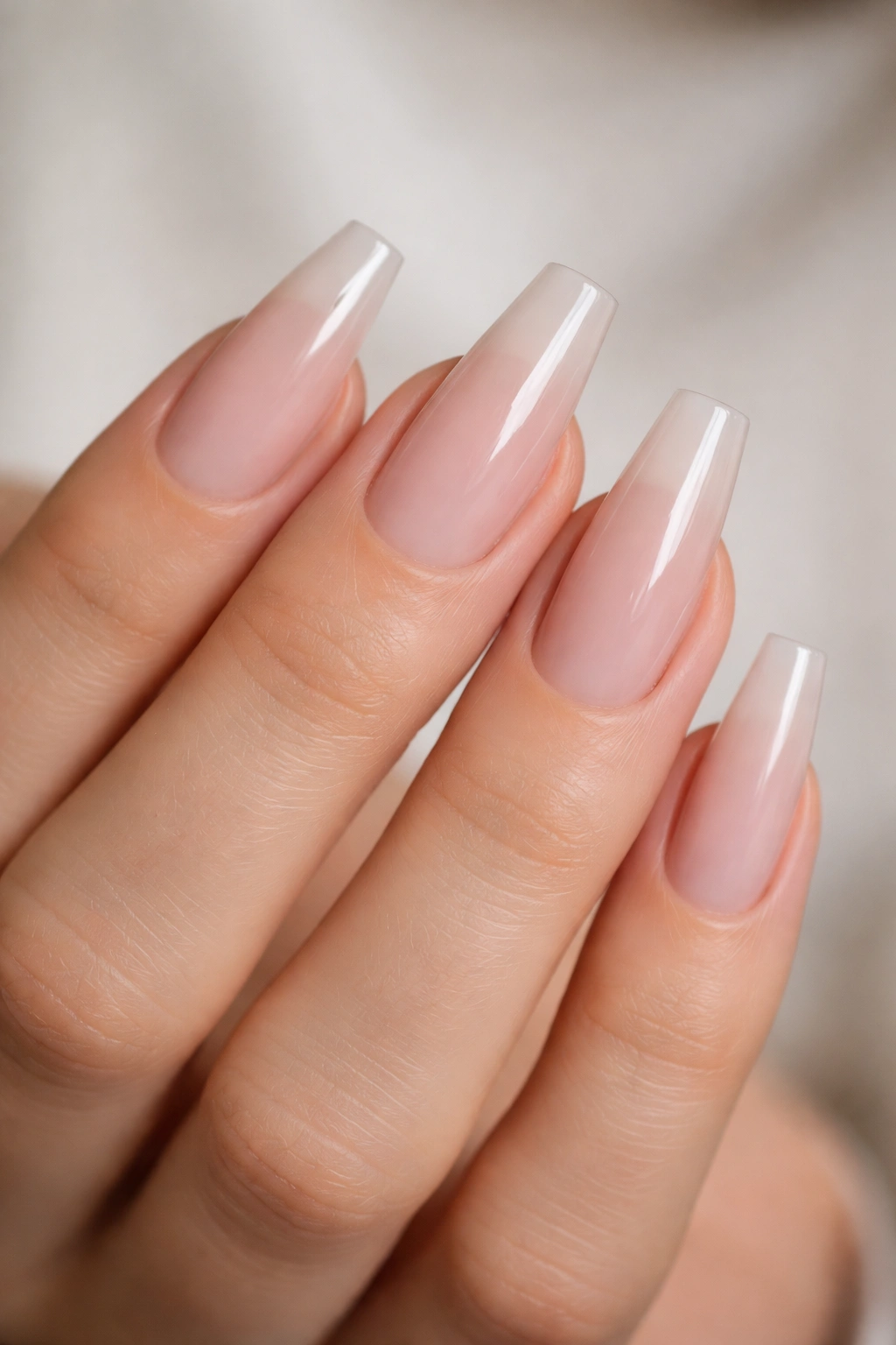 Close-up of minimalist coffin nails with crisp straight sides and a tapered tip on a clean hand