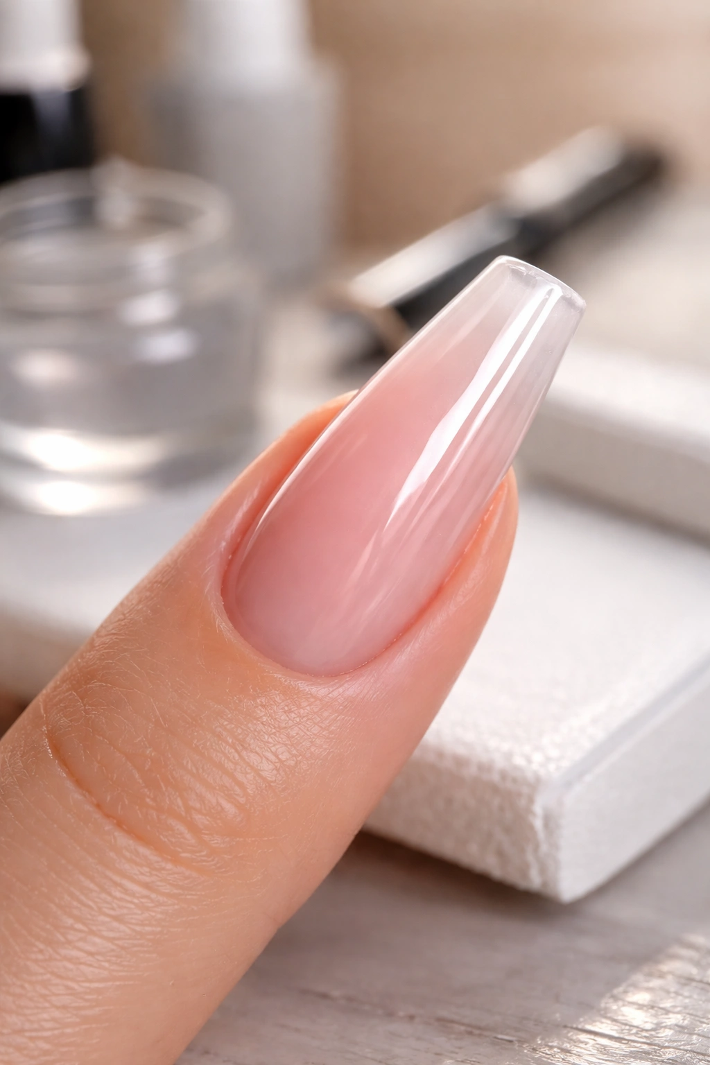 Long coffin nail with high-gloss finish showing durable shape