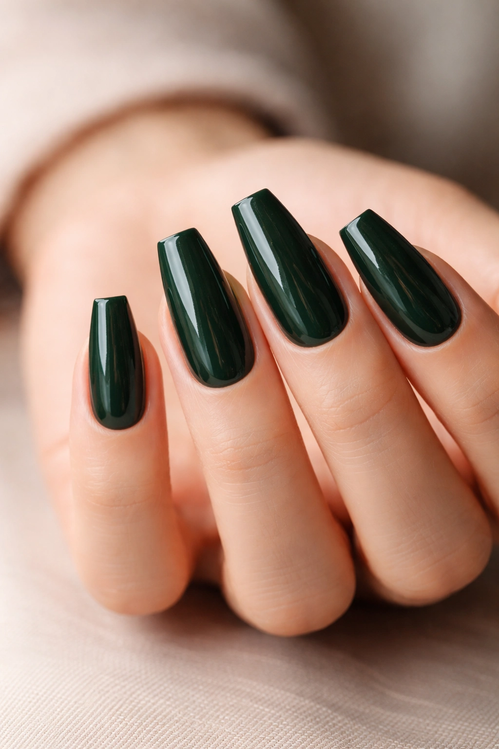 Medium-length coffin nails in dark green gel polish on a clean hand