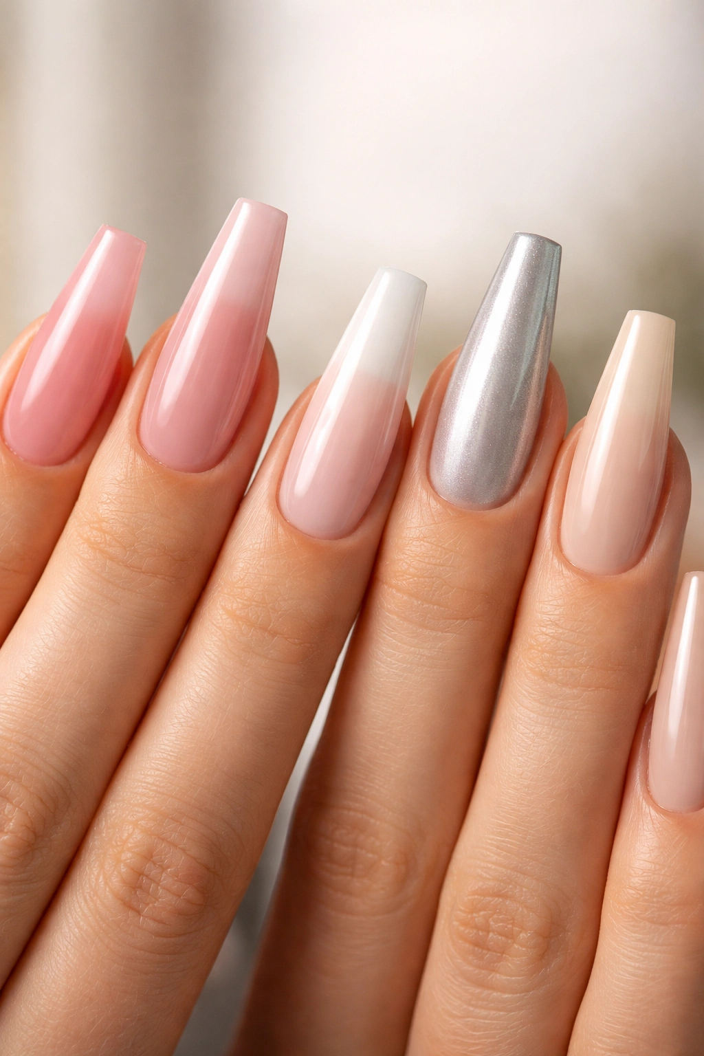 Close-up of long coffin nails with a range of finishes