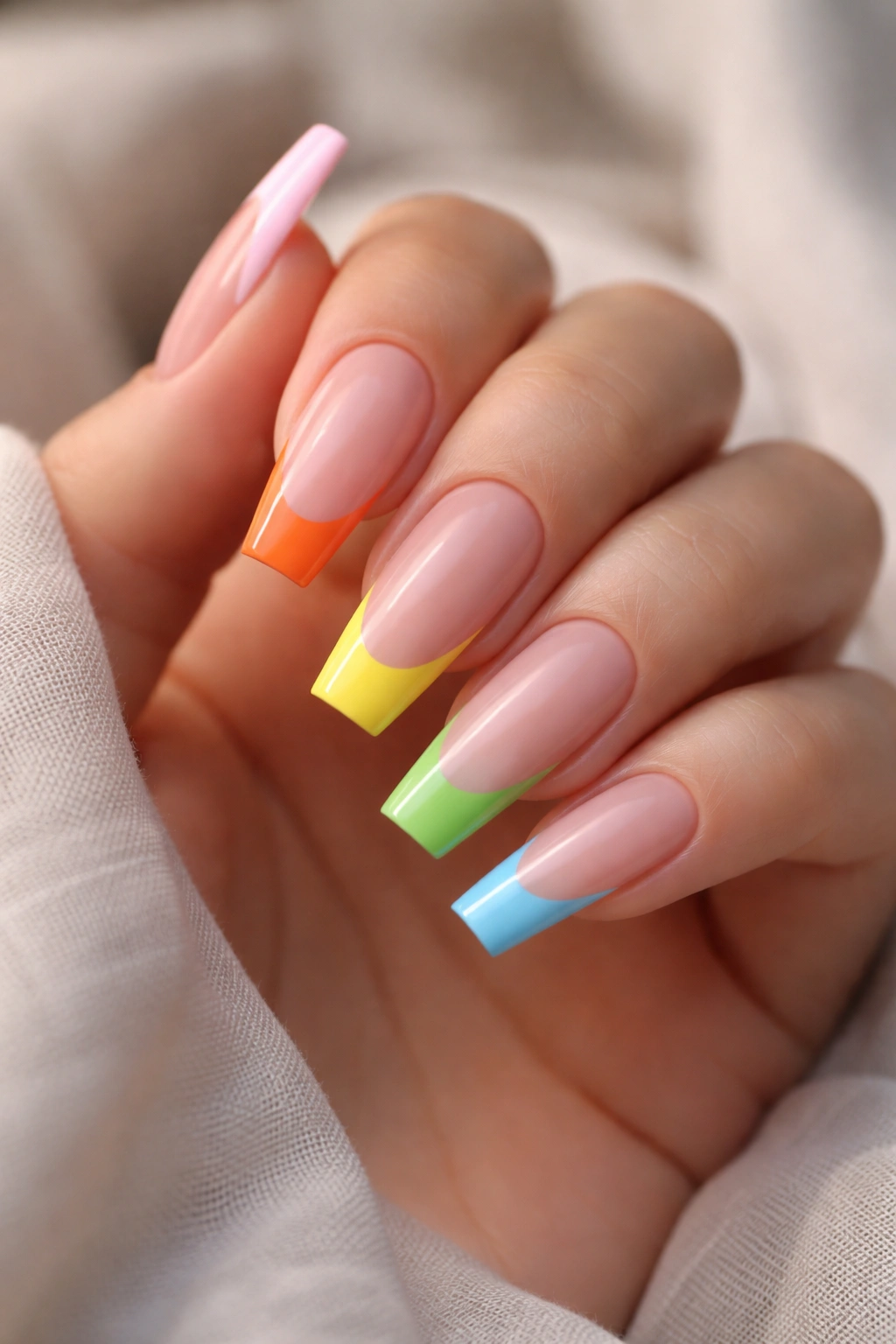 Close-up of coffin nails with colorful French tips on a tapered square shape