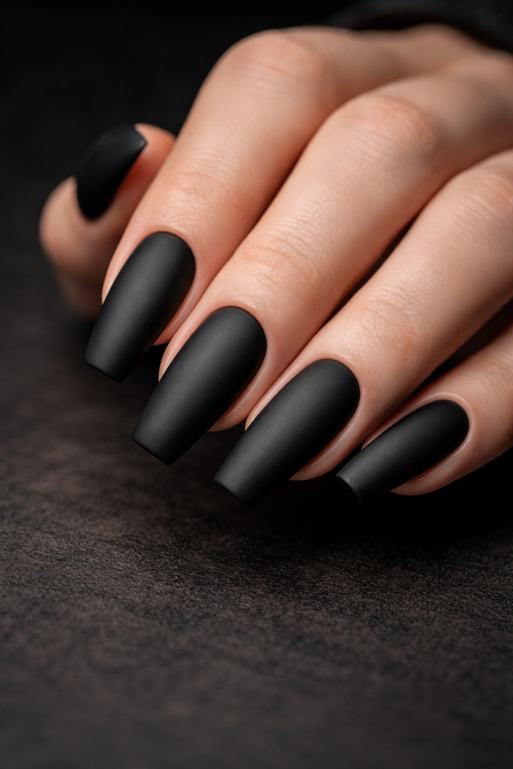 Close-up of coffin-shaped matte-black nails on a hand highlighting architectural silhouette