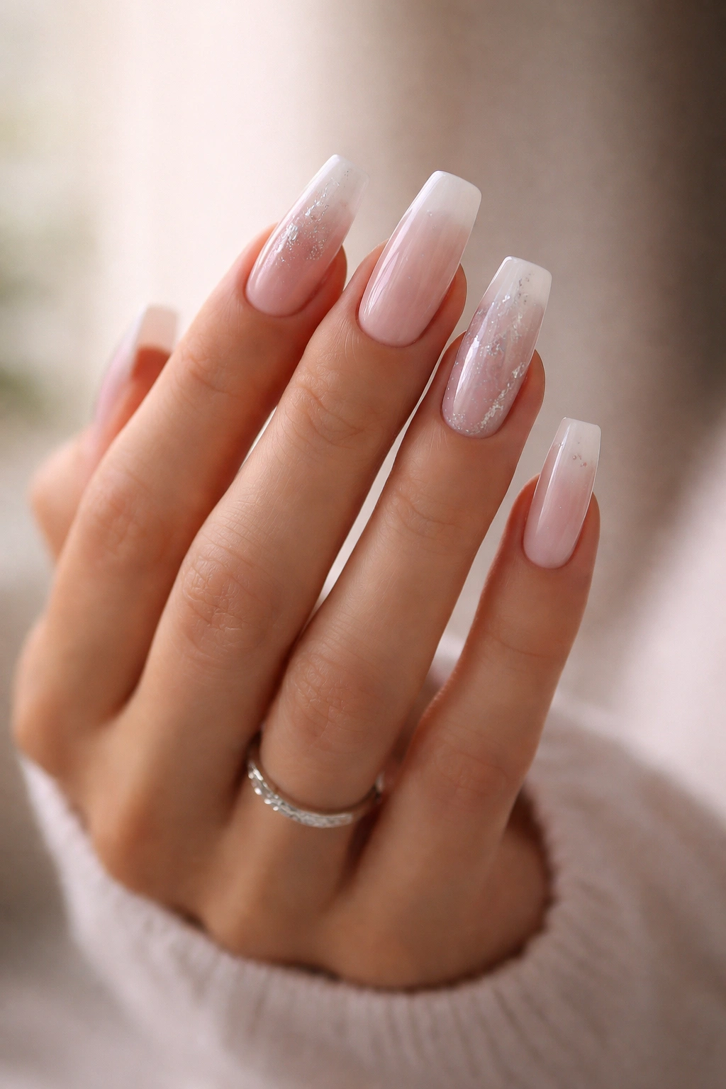 Close-up of a hand with medium coffin nails highlighting tapered sides and flat tips