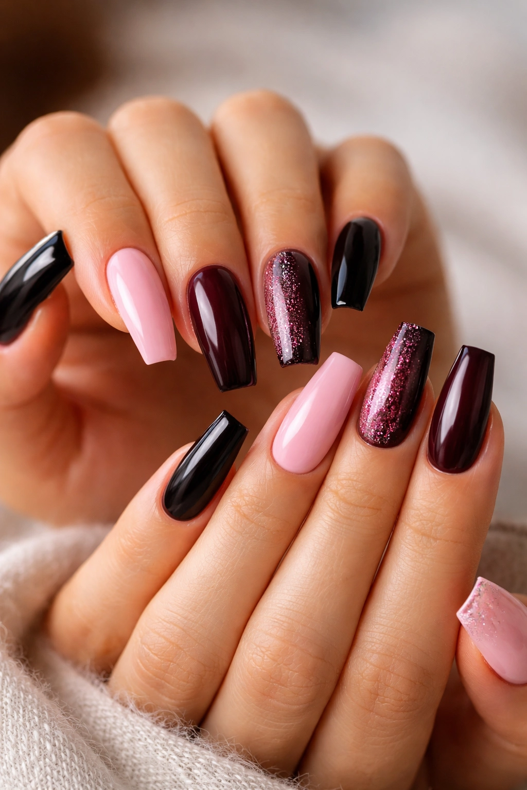 Medium-length coffin nails with pink and dark finishes in a glossy look