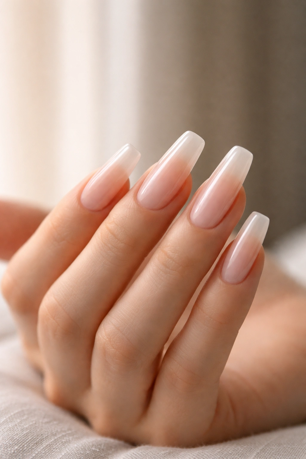 Medium-length coffin nails with subtle taper on a hand