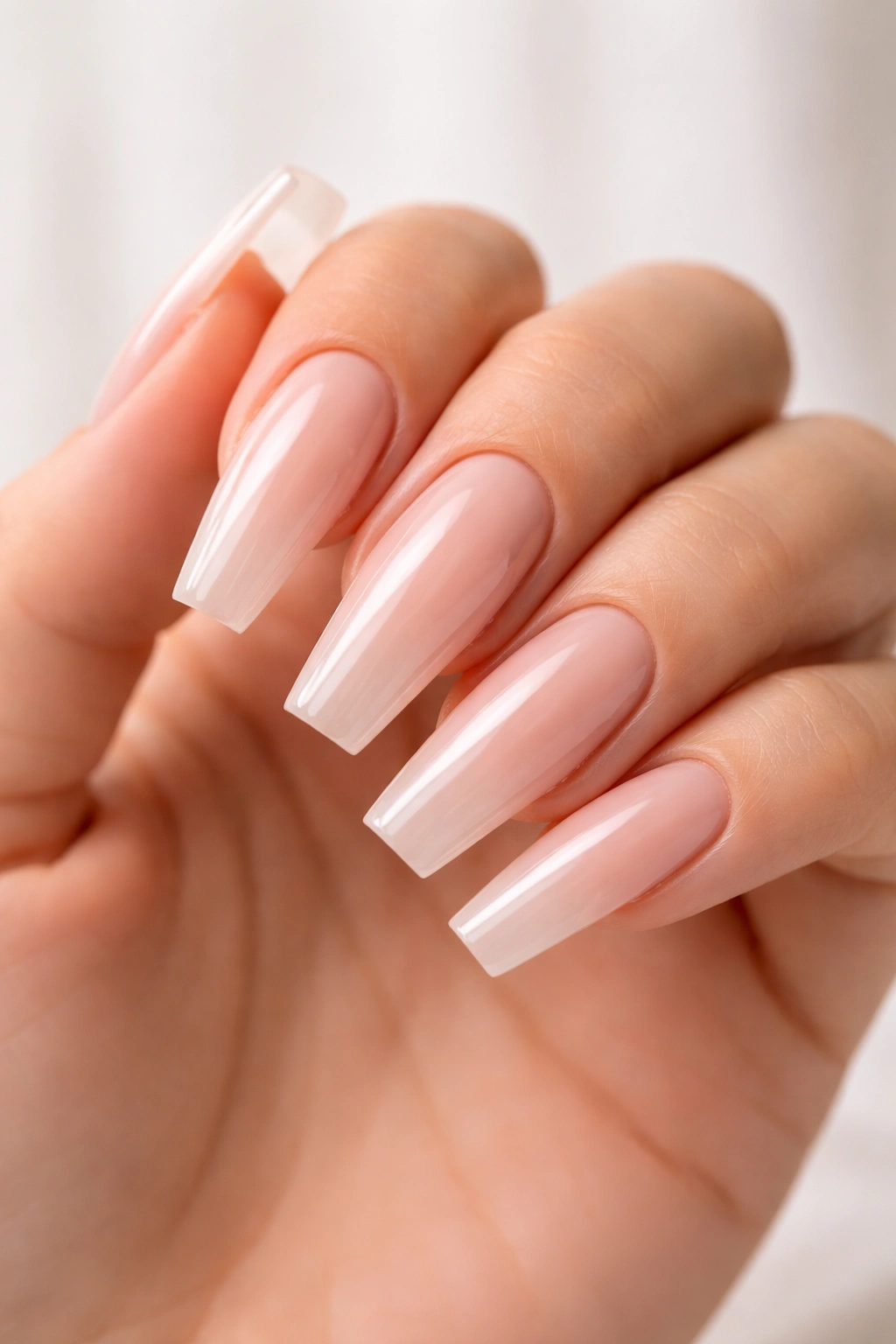 Hand with long coffin nails showing strong corners and glossy finish
