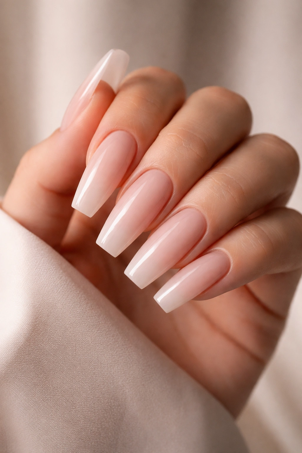 Close-up of long coffin nails with clean shape on a bare hand