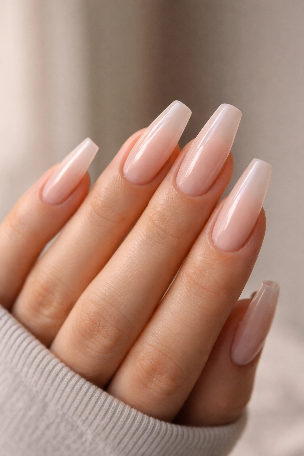 Glossy coffin nails on a hand showing fresh topcoat between fills