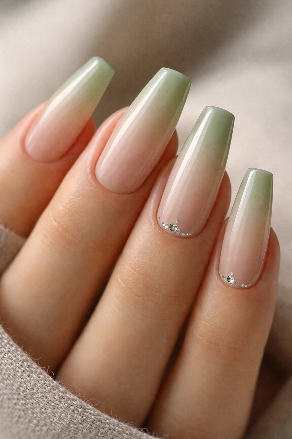 Close-up of coffin nails with a muted matcha gradient from nude to green on a neutral background
