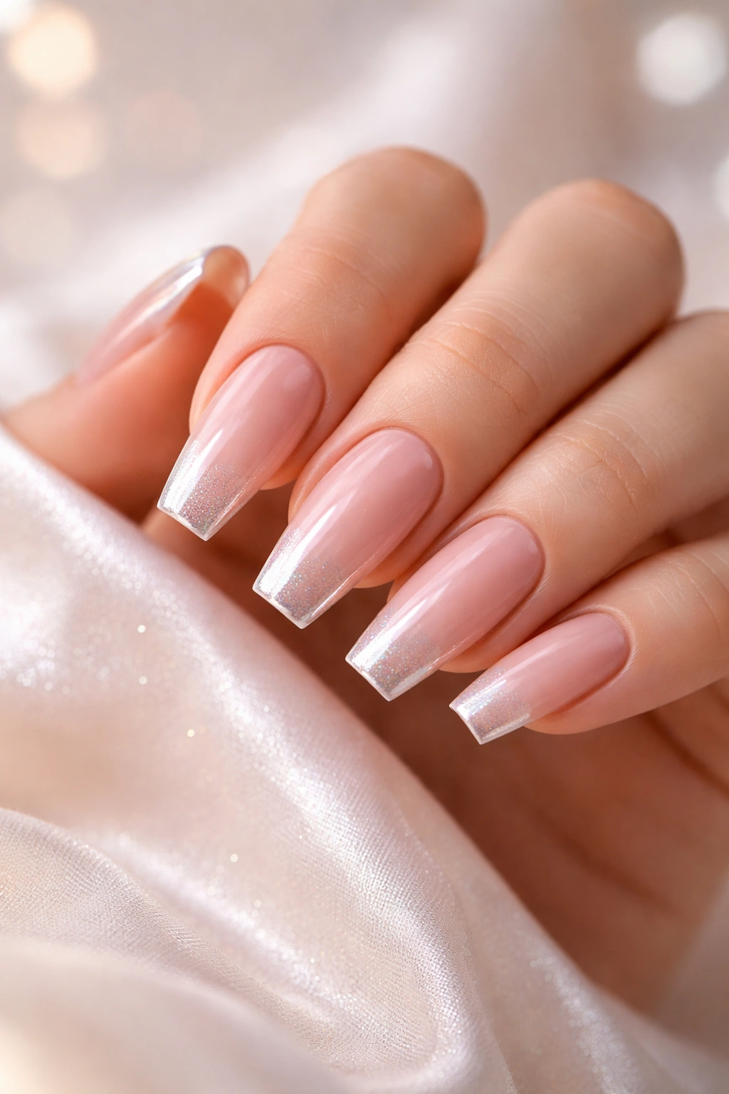 Close-up of medium-length coffin nails with a glossy neutral manicure