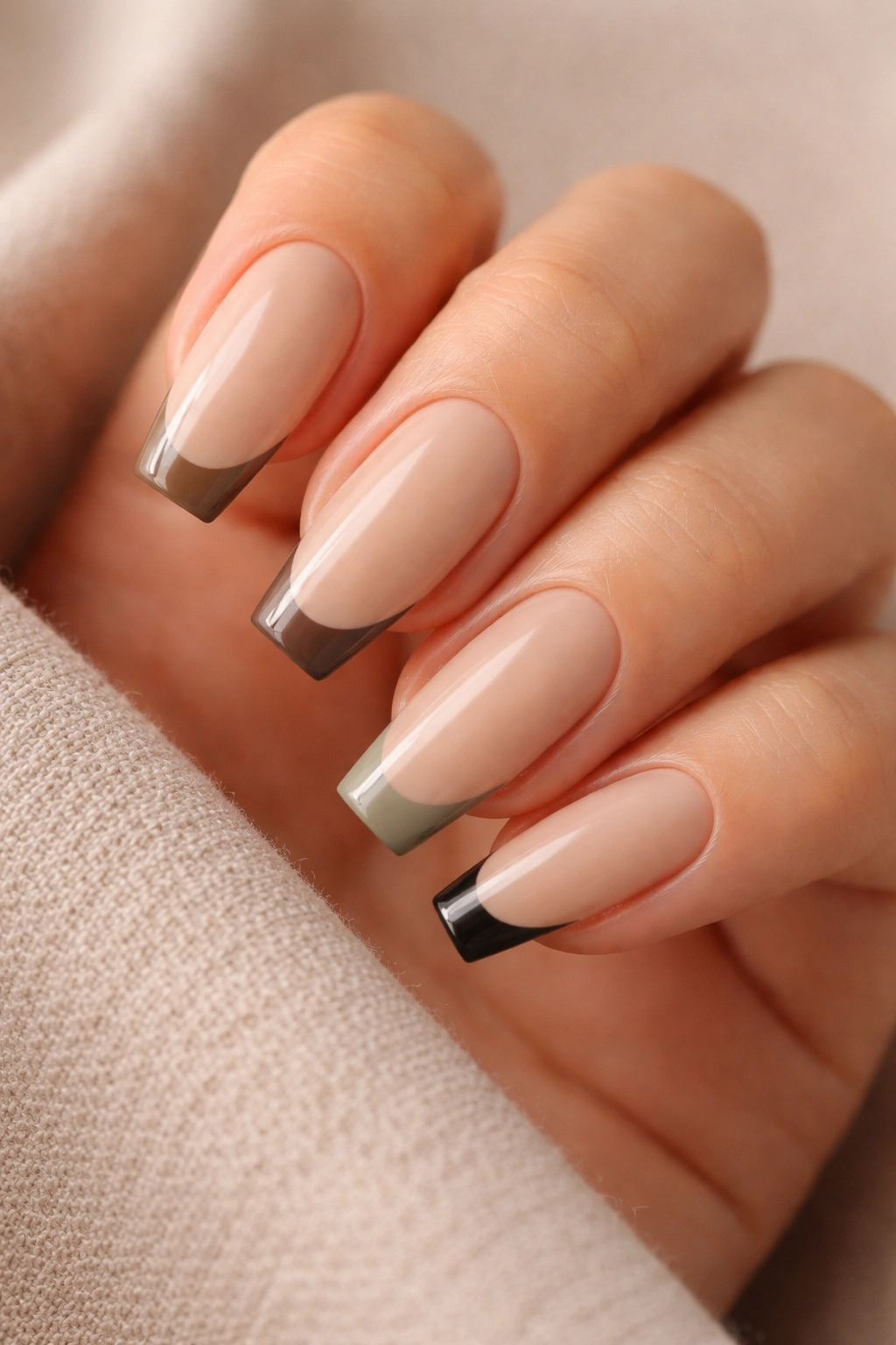Close-up of coffin nails with mismatched neutral micro tips on a nude base.