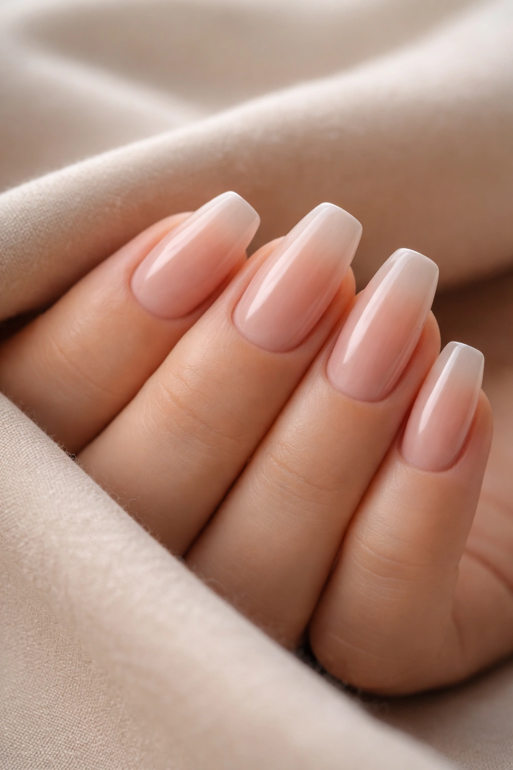 Close-up of short coffin nails with sheer pink nude polish and clean tapered tips