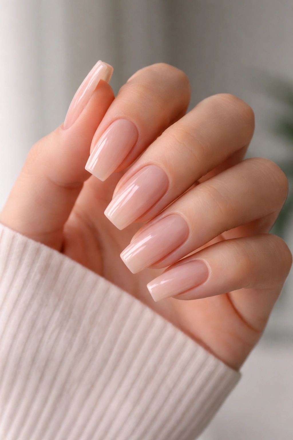 Close-up of medium-length coffin nails in nude polish with straight sidewalls and flat tips