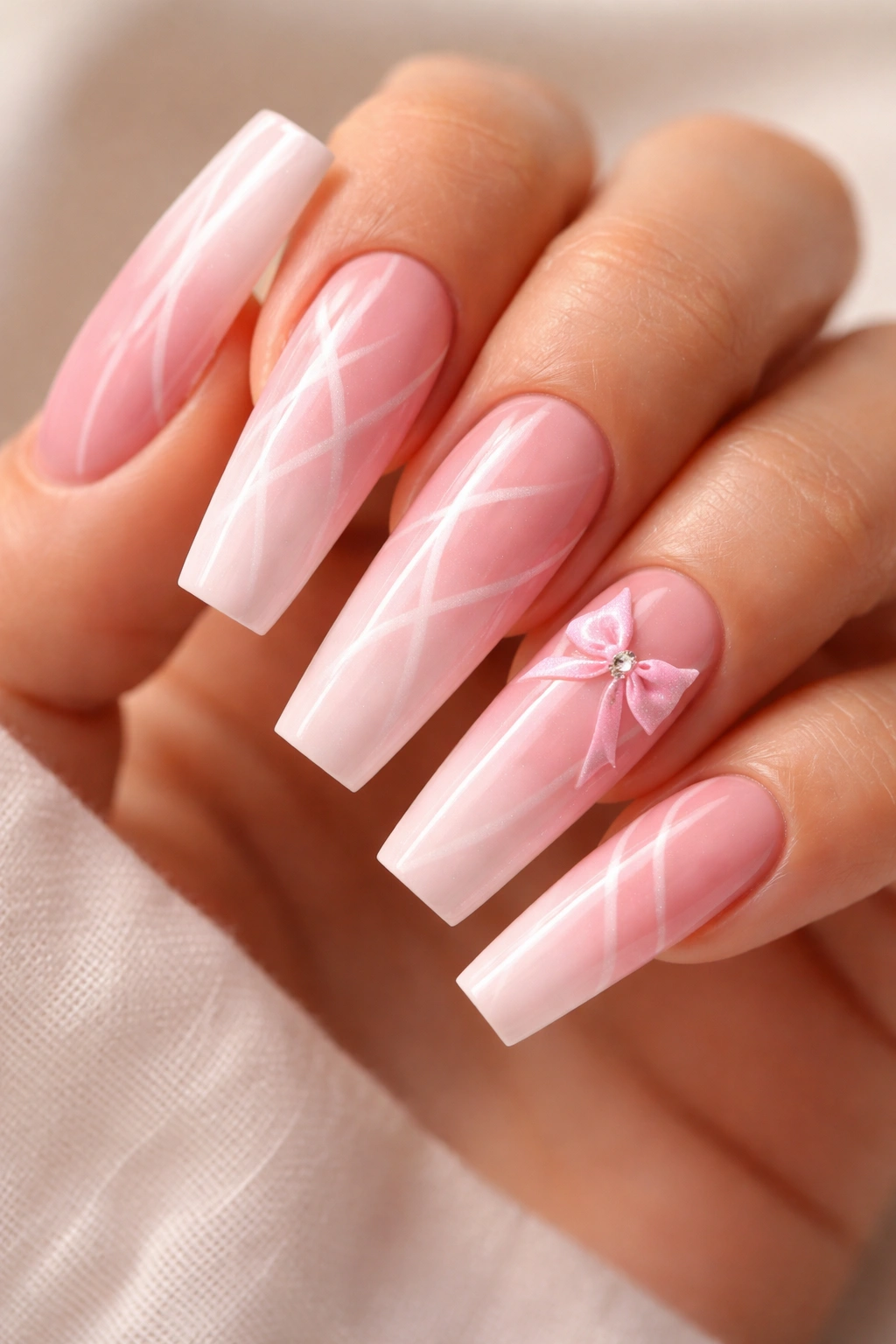 Close-up of pink ombré coffin nails with airbrushed ribbon swirls