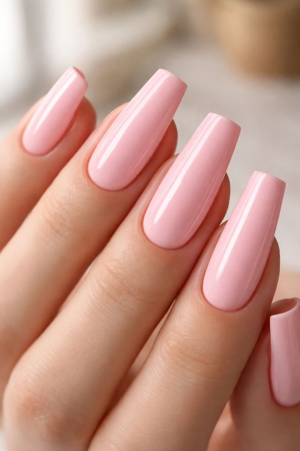 Close-up of coffin nails with soft pink polish highlighting the squared-off tip