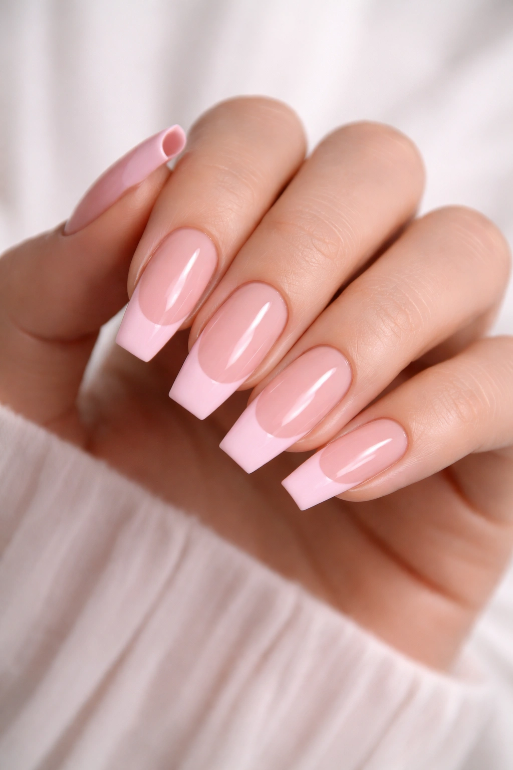 Close-up of medium-length coffin nails with pink French tips on a neutral-toned hand