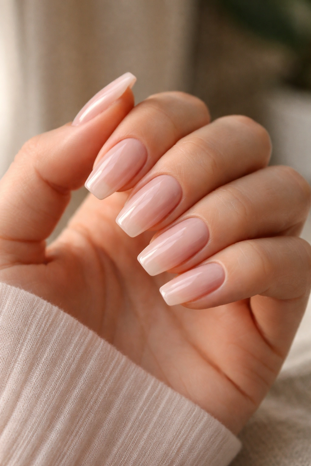 Hand with short to medium coffin nails in sheer glossy finish showing practical length