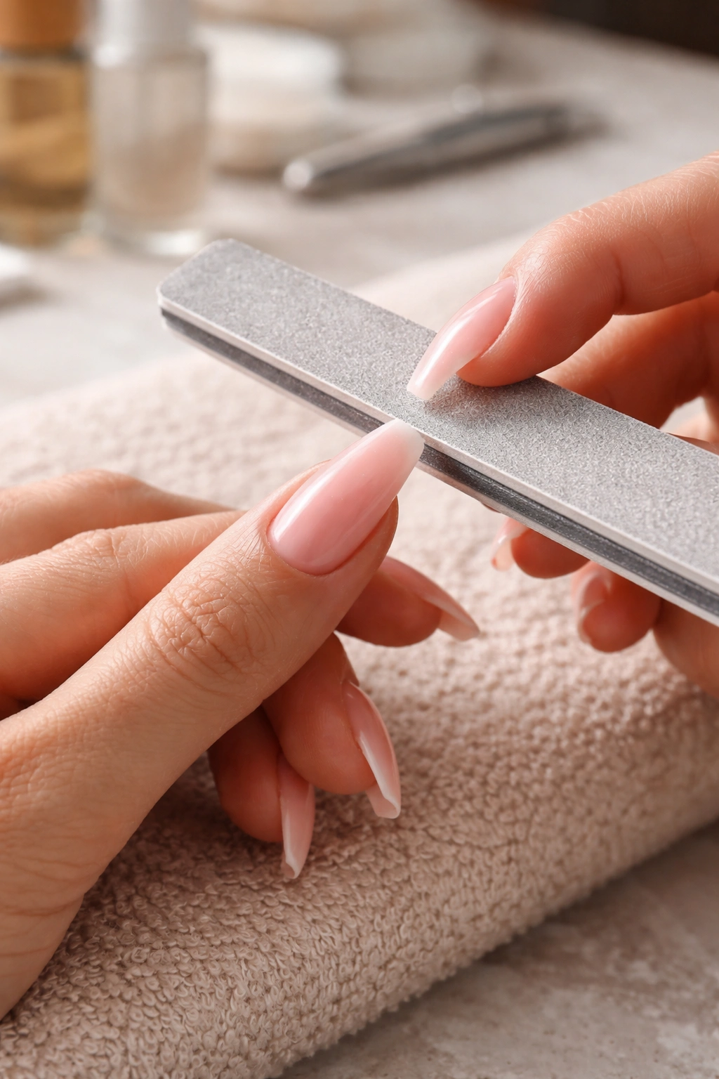 Close-up of hands shaping coffin nails with a nail file to keep edges crisp