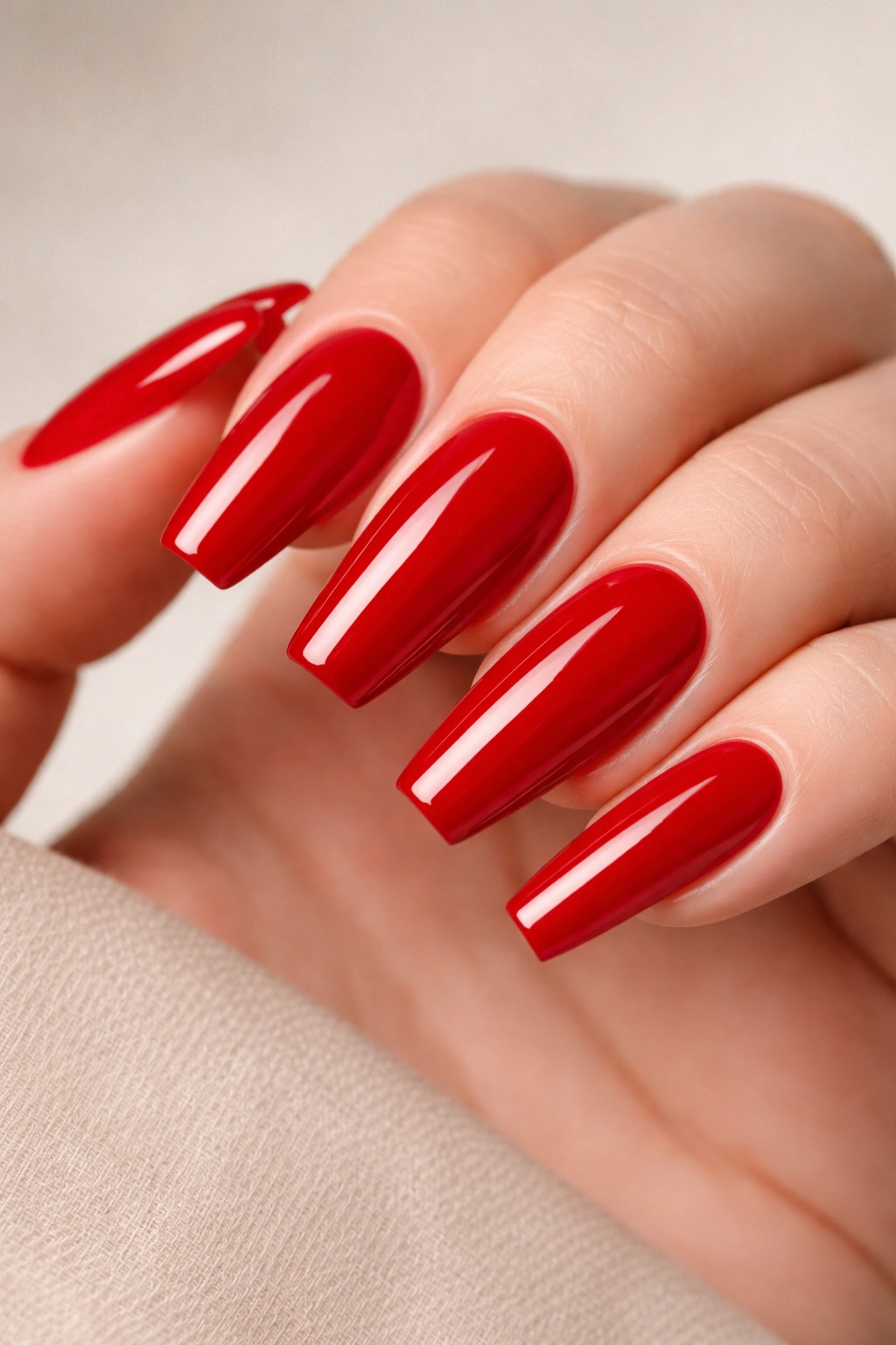 Close-up of coffin-shaped red nails with sharp edges and glossy finish