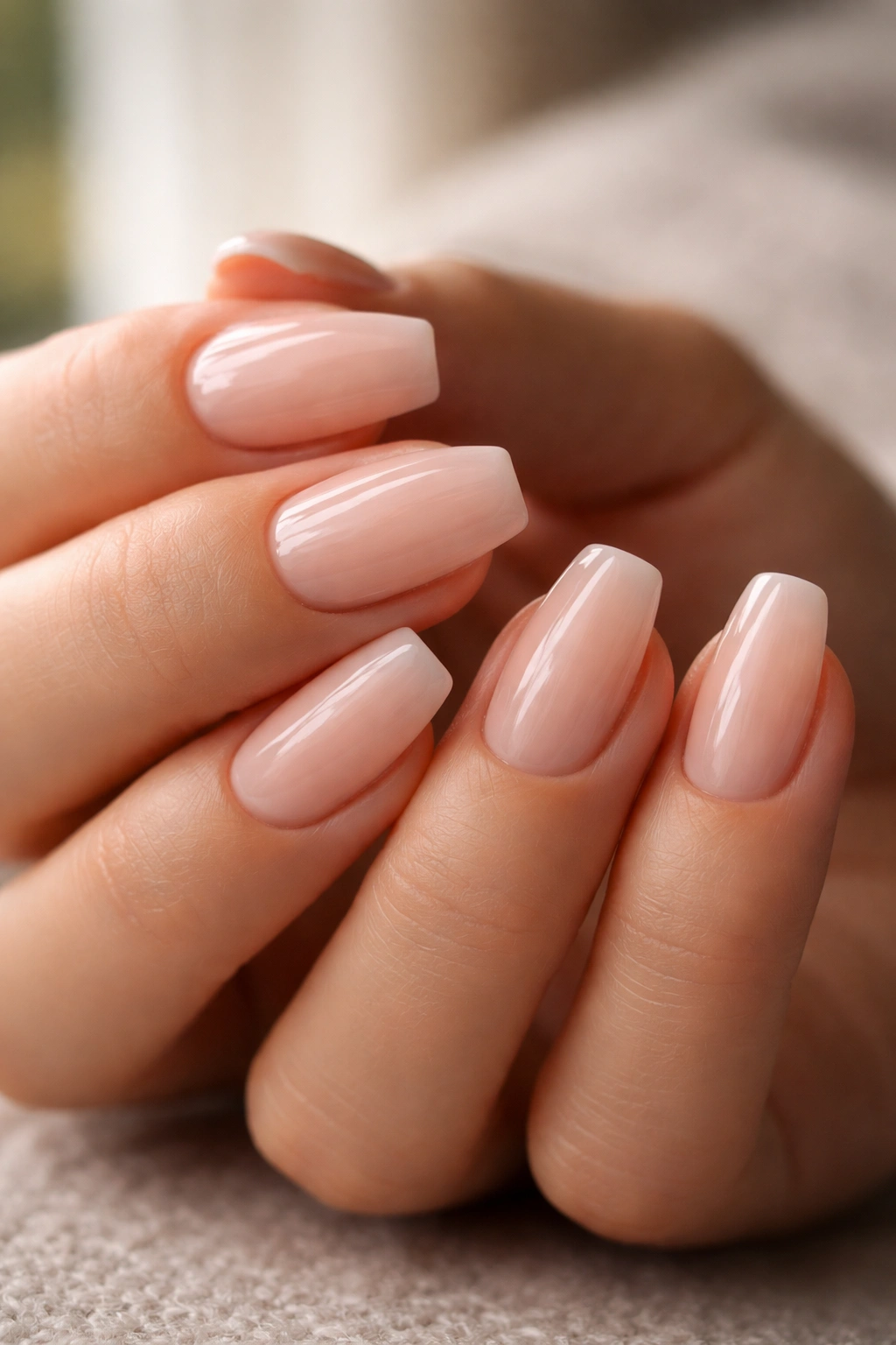Close-up of neat cuticles and glossy coffin nails