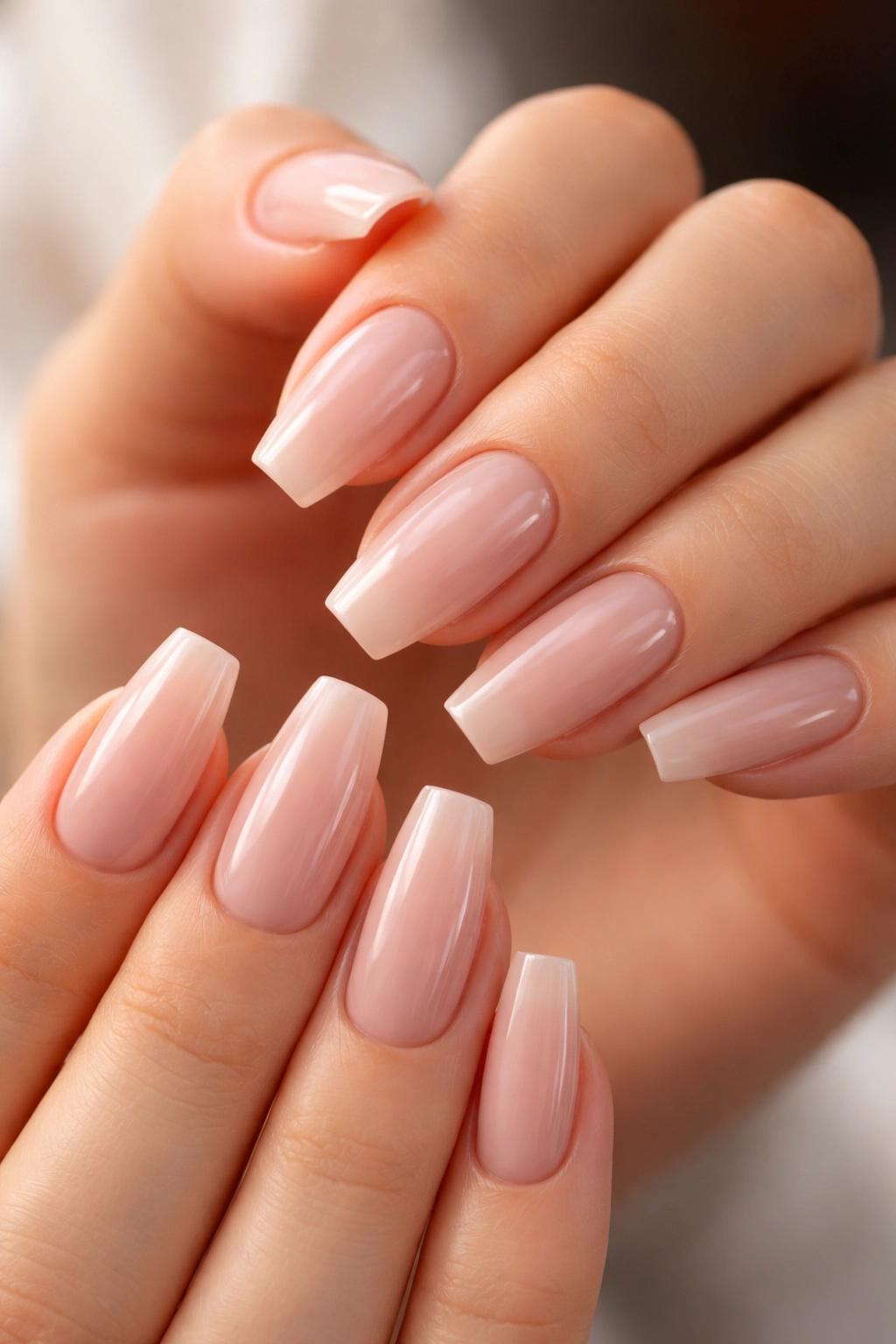 Close-up of coffin-shaped nails on a hand showing medium length and tapered tips
