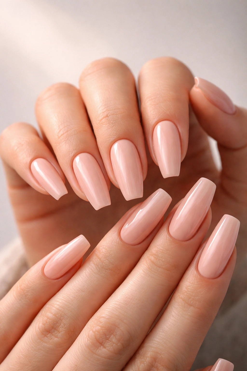 Close-up of coffin nails showing shape, length, and glossy finish