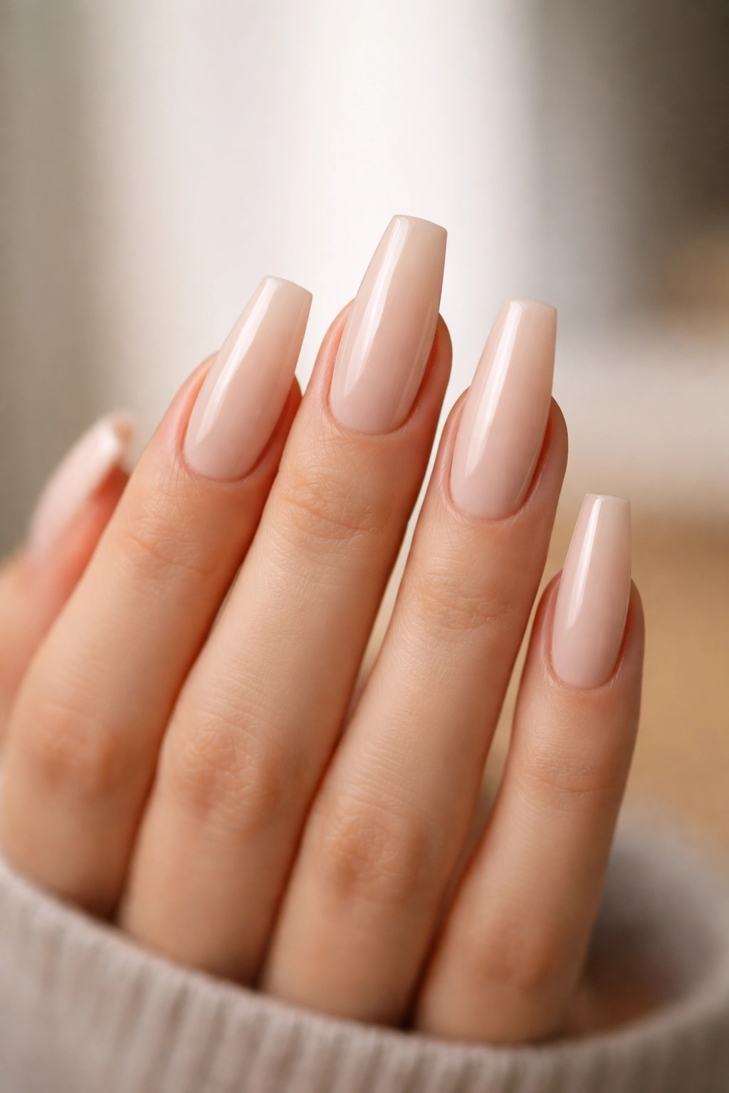 Close-up of coffin nails with tapered sides and blunt tips in milky nude polish on a bare hand