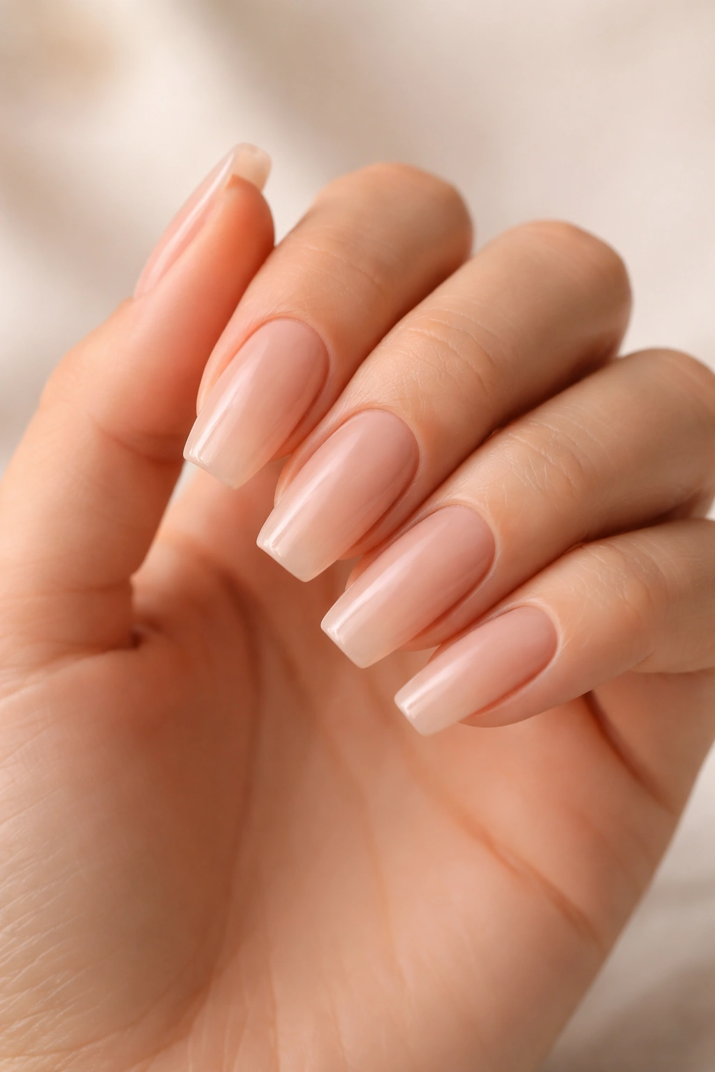 Close-up of simple coffin nails with flawless edges and clear glossy finish