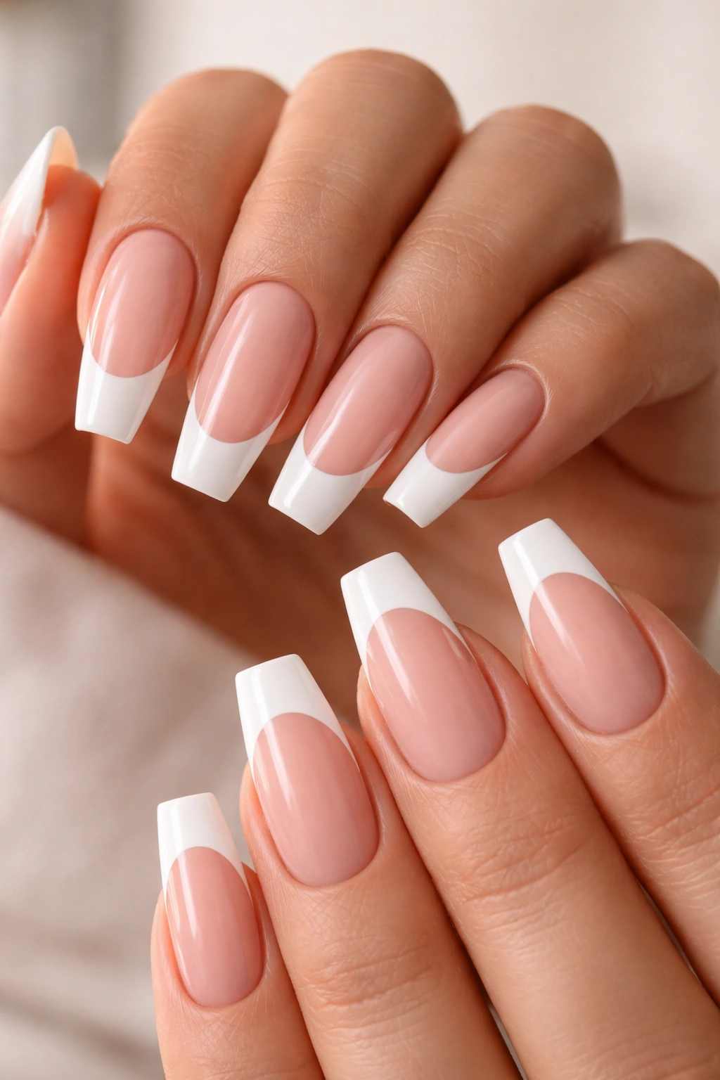 Close-up of tapered square coffin nails with crisp white French tips on a neutral-toned hand