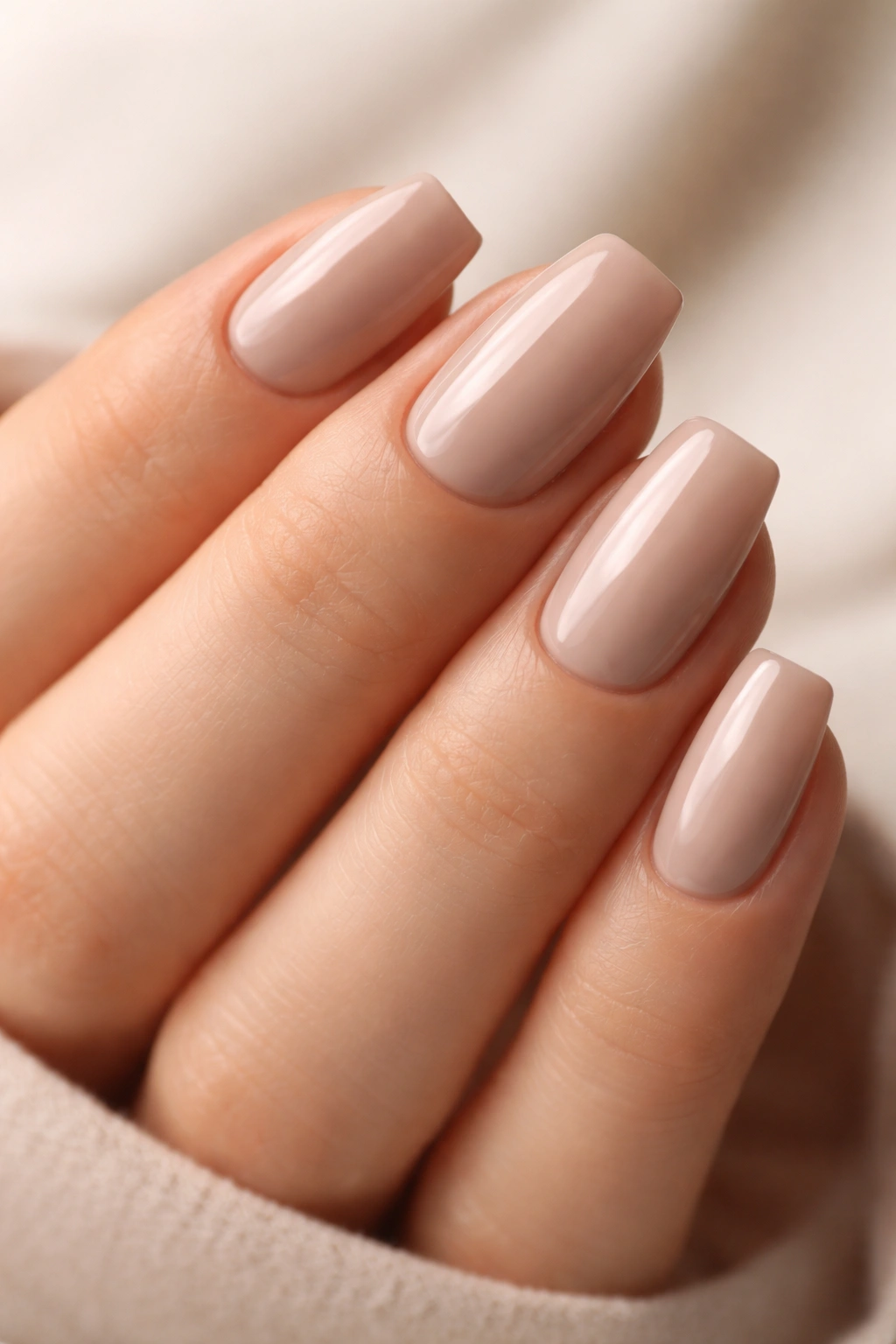 Close-up of short coffin nails in creamy taupe nude with glossy finish